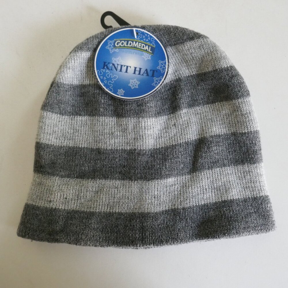 NWT Gold Medal gray striped knit slim fit beanie winter hat